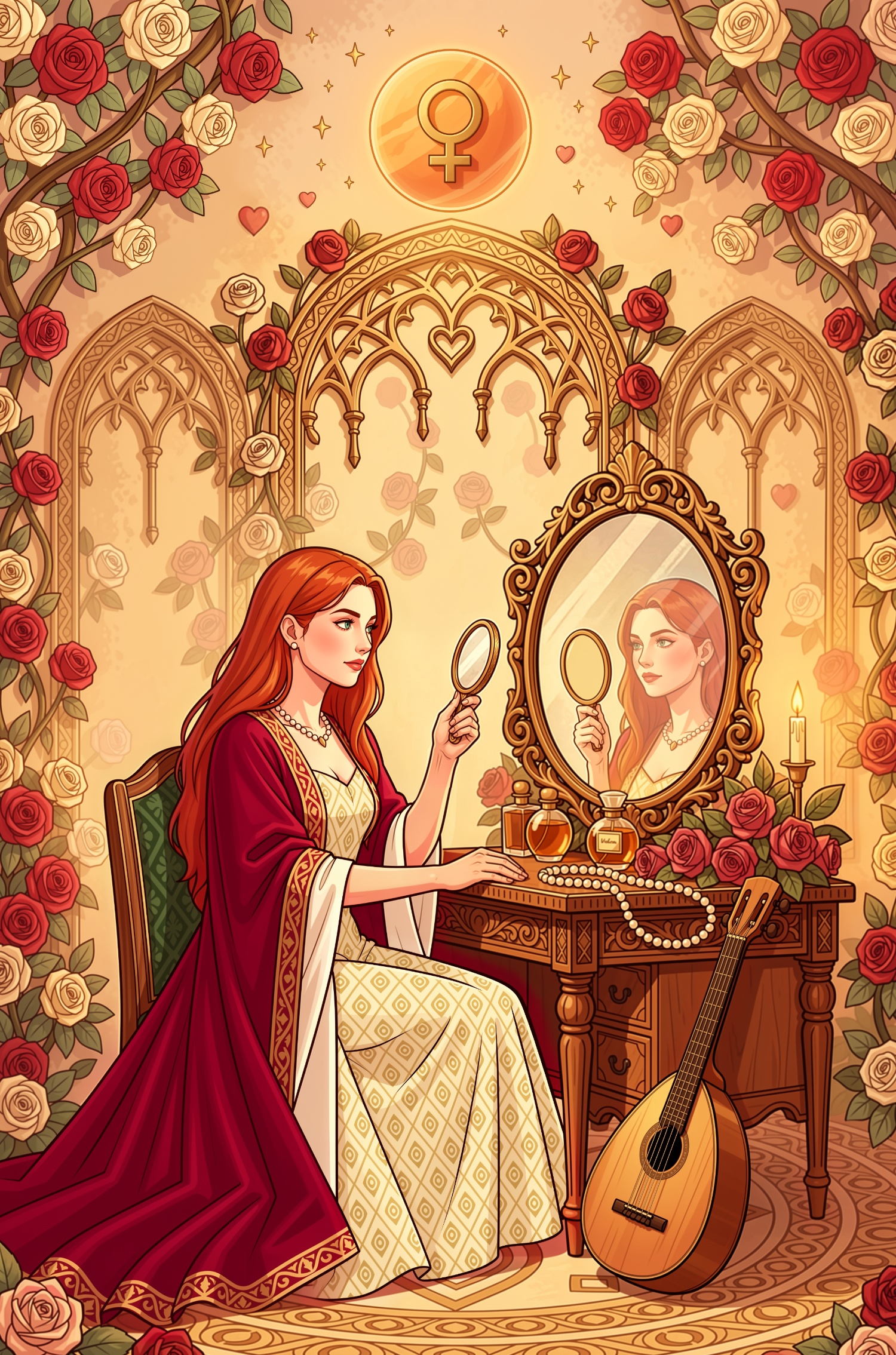 Illustrated figure surrounded by roses and planetary glyphs in green and gold light