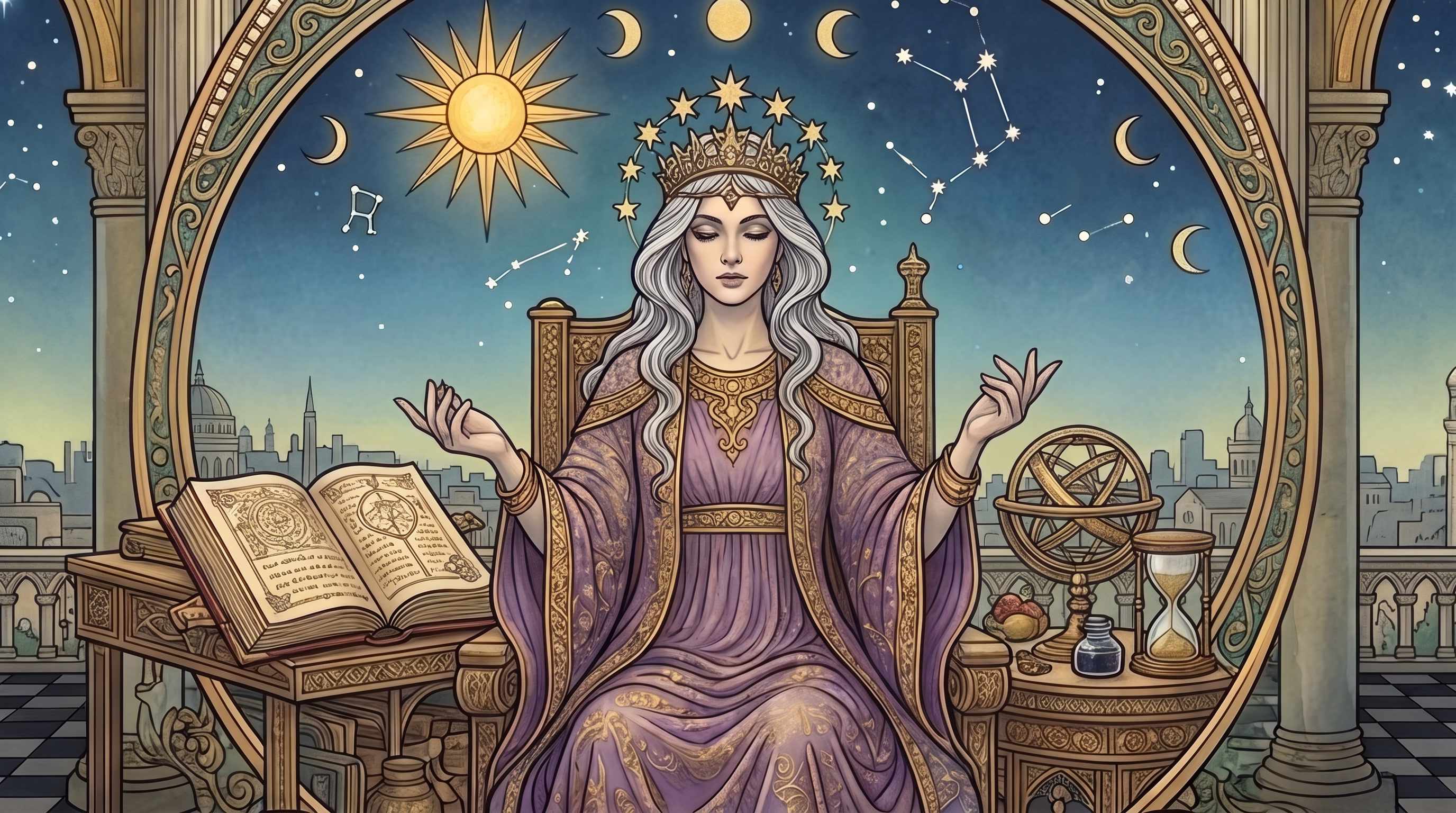 Illustrated crowned figure seated on a throne beneath a night sky of stars, crescent moons and constellation lines, with an open astronomical book, an armillary sphere and an hourglass beside her